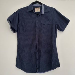 Navy short sleeve button down polkadot shirt, size small